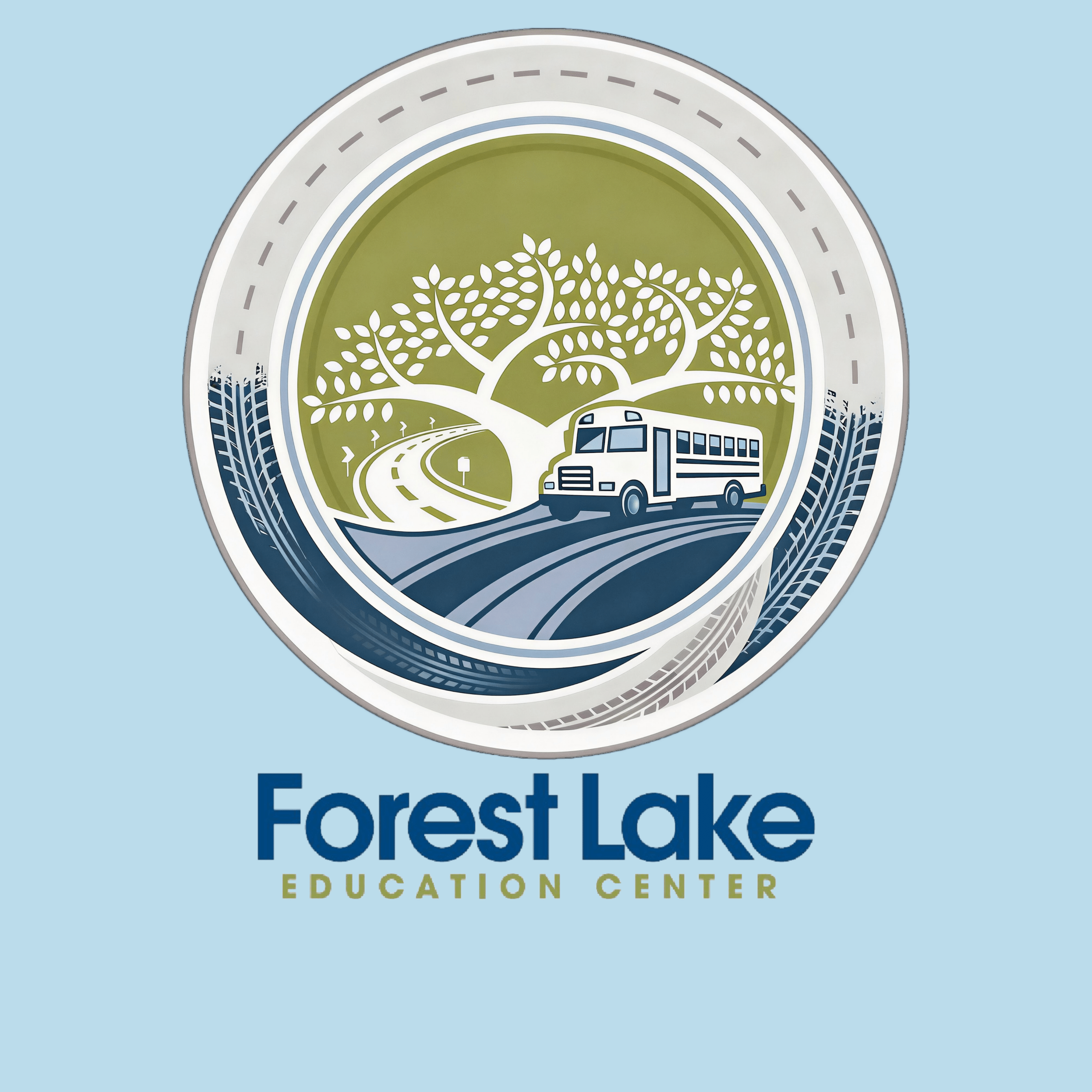 Circular Forest Lake Education Center logo with a white tree on green, a road and a blue bus inside the seal.