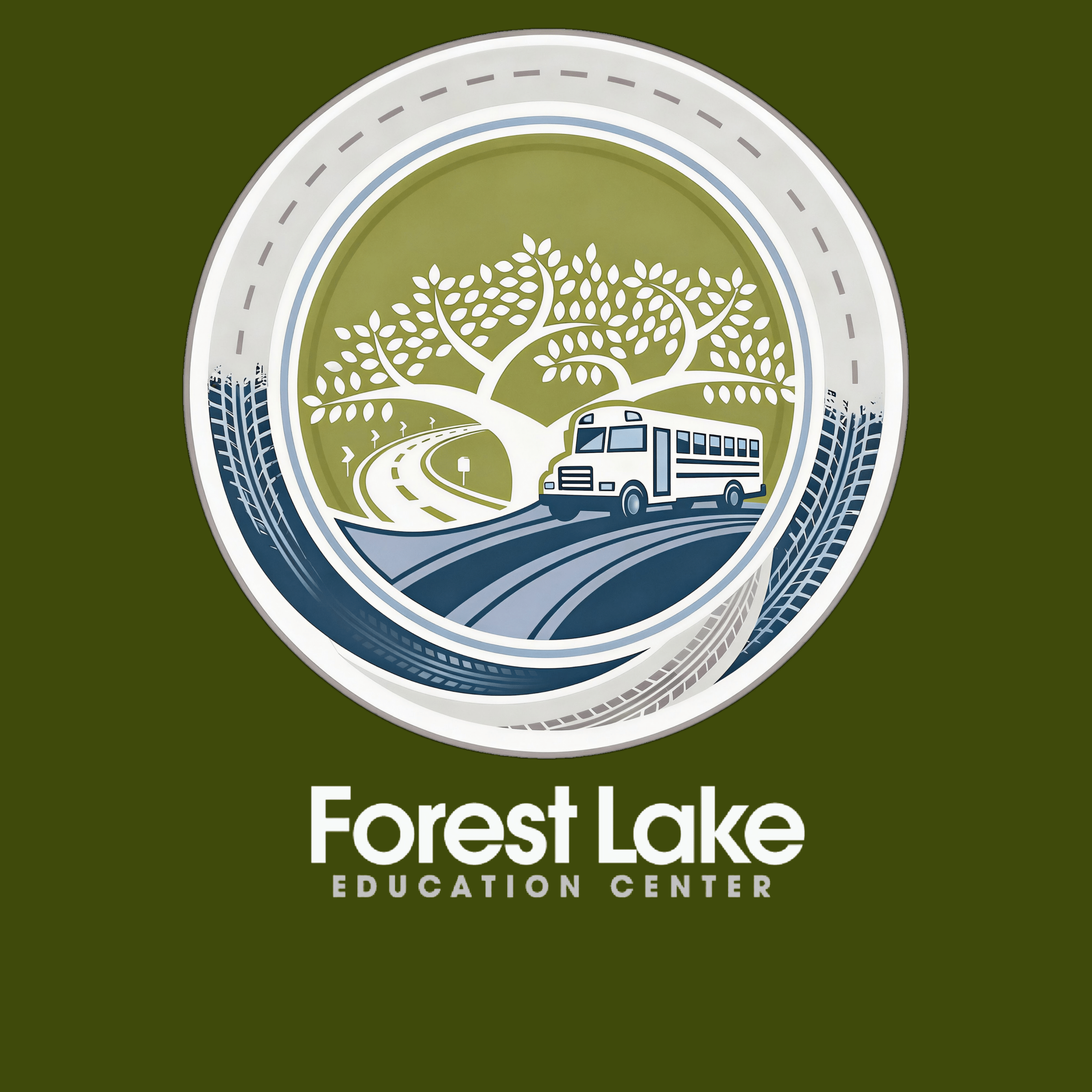 Forest Lake Education Center logo featuring a white tree inside a green circle with a winding road and a blue bus nearby.
