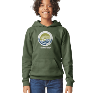 Young person smiling in an olive-green hoodie featuring a circular Forest Lake Education Center logo on the chest.