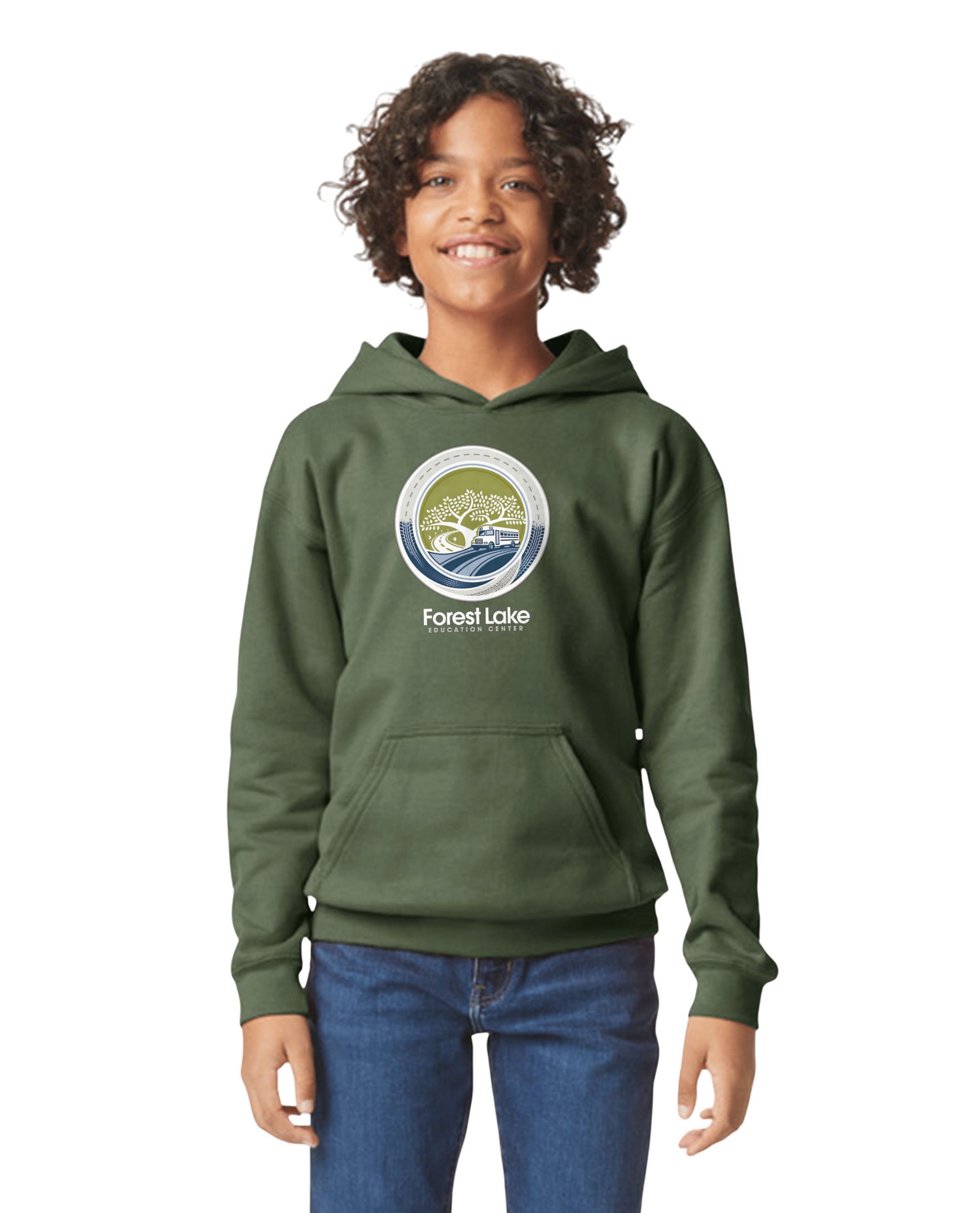 Young person smiling in an olive-green hoodie featuring a circular Forest Lake Education Center logo on the chest.