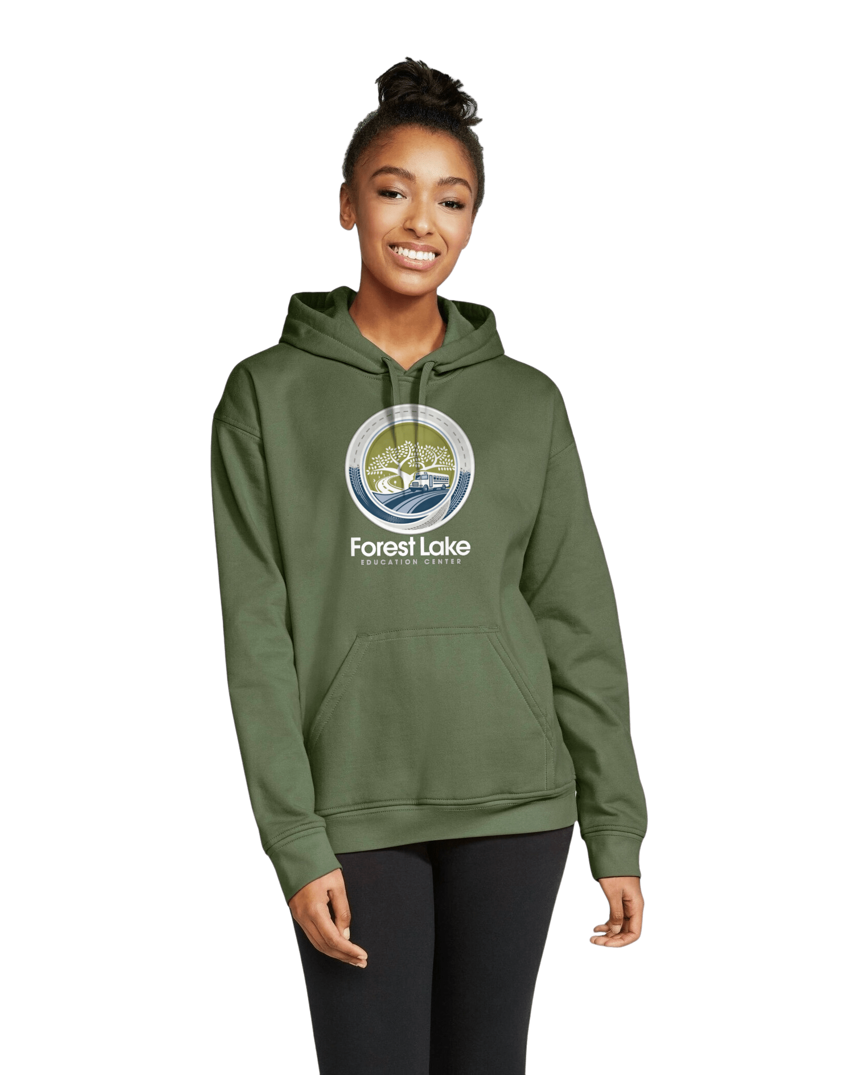 Young woman wearing an olive green hoodie with a round Forest Lake Education Center logo on the chest, smiling at the camera.